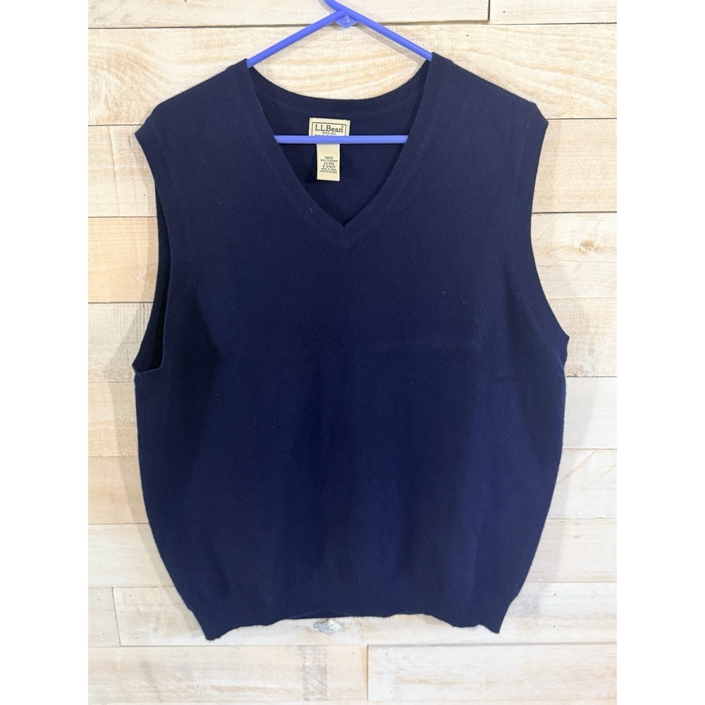 LL Bean 100% Cashmere Blue Sweater Vest Mens Large V Neck Preppy Golf